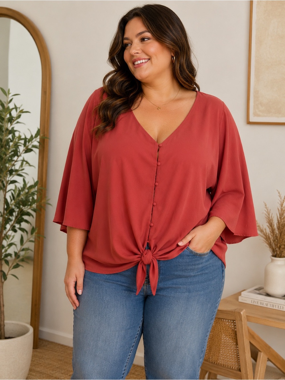 Emery Rose Burnt Orange V-Neck Flounce Sleeve Tie-Front Blouse Top